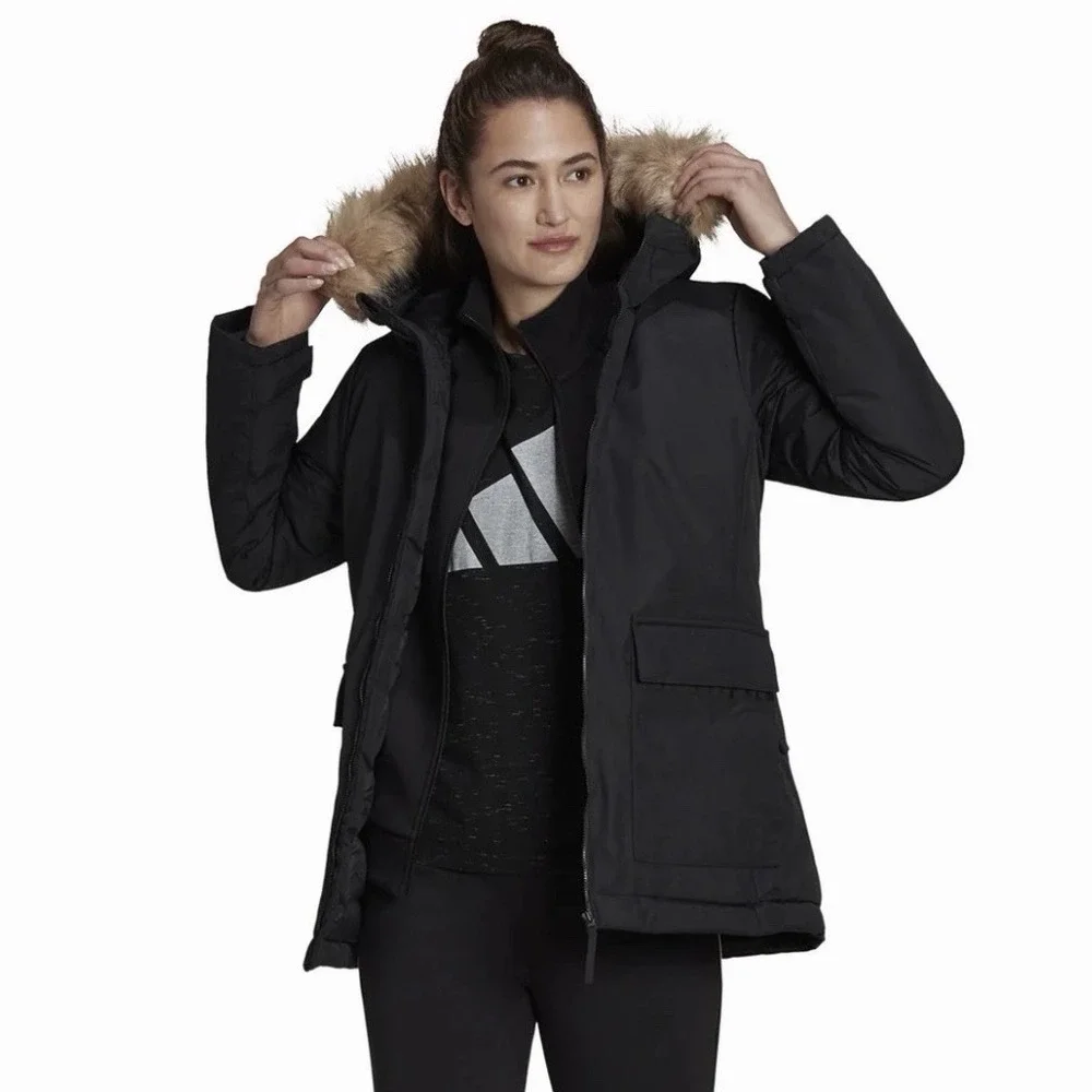 Women's Adidas Faux Fur Hooded Parka Insulated Waterproof Warm Black Small New